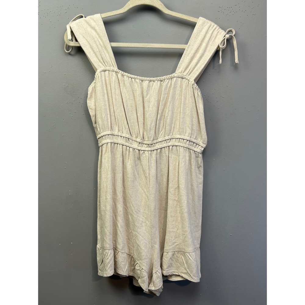 New In Romper Womens Large Cream Linen Blend Tie Strap Ruffle Playsuit Neutral